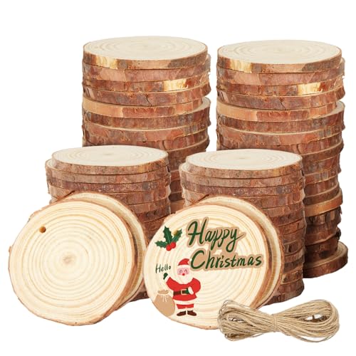 VIDETOL 60 Stück Holzscheiben, 7-8 cm Baumscheiben Rund mit Einem Bündel Hanfseil, Unvollendete Holzscheibe mit Loch für DIY, Hochzeit, Handwerk, Weihnachten Dekoration von VIDETOL