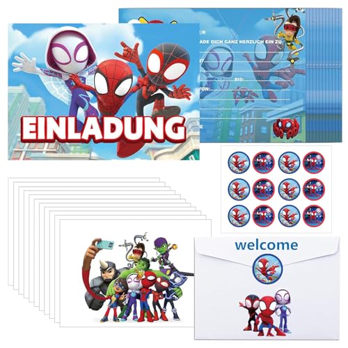 VIDSTW 12 Stück Spide Einladungskarten mit 12 Spidey Umschlag, 12 Runder Aufkleber, Partyeinladungen für Kindergeburtstage Partyeinladungen Cartoon-Charakter-Design für Weihnachtsfeiern (Tippe A) von VIDSTW