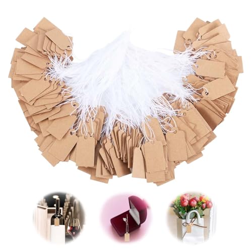 VIDSTW 500 Stück Preisschilder Etiketten 28mm x 45mm Geschenkanhänger mit Schlüsselband Preisetiketten DIY-Kreativität Geschenkanhänger Kraftpapier für Schmuck Geschenke Kleidung (Braun) von VIDSTW