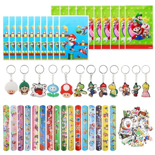 VIDSTW 98 Stück Mari Party Mitgebsel Kindergeburtstag Mitgebsel mit 12 Schlüsselanhänger Kinder 50 Kinder Sticker 20 Sup Tasche 16 Clap Bracelets für Jungen Mädchen Kindergeburtstage von VIDSTW