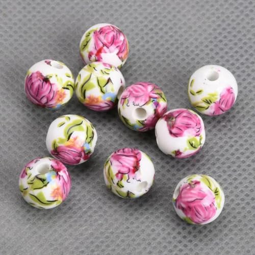 10 Stück runde 6 mm 8 mm 10 mm 12 mm Blumenmuster Keramik Porzellan lose Abstandsperlen Menge zur Schmuckherstellung DIY Armbandzubehör-28 Rose-10 mm von VIEPGJ