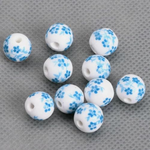 10 Stück runde 6 mm 8 mm 10 mm 12 mm Blumenmuster Keramik Porzellan lose Abstandsperlen Menge zur Schmuckherstellung DIY Armbandzubehör-31 Seeblau-10 mm von VIEPGJ