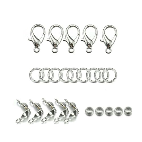 200 Stück/100 Stück Karabinerverschluss, offene Biegeringe, Verbindungsstück, Crimp-Endperlen, Kappe für Armband, Halskette, DIY-Schmuckherstellungsset, Großhandelsset 2, Rhodium von VIEPGJ