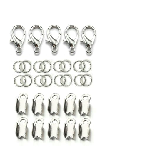 200 Stück/100 Stück Karabinerverschluss, offene Biegeringe, Verbindungsstück, Crimp-Endperlen, Kappe für Armband, Halskette, DIY-Schmuckherstellungsset, Großhandelsset 5, Rhodium von VIEPGJ