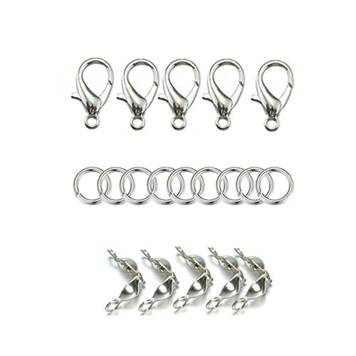 200 Stück/100 Stück Karabinerverschluss, offene Biegeringe, Verbindungsstück, Crimp-Endperlen, Kappe für Armband, Halskette, DIY-Schmuckherstellungsset, Großhandelsset1, Rhodium von VIEPGJ