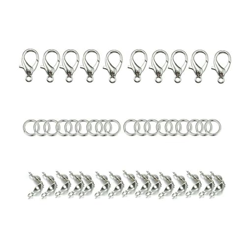 200 Stück/100 Stück Karabinerverschluss, offene Biegeringe, Verbindungsstück, Crimp-Endperlen, Kappe für Armband, Halskette, DIY-Schmuckherstellungsset, Großhandelsset3, Rhodium von VIEPGJ