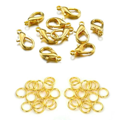 200-teiliges Ring- und 100-teiliges Verschluss-Set mit Karabinerverschluss, offene Biegeringe für Armband- und Halskettenverbinder, Schmuckherstellung, DIY-Set, Großhandel, Gold, 10 mm Verschluss, 4 von VIEPGJ