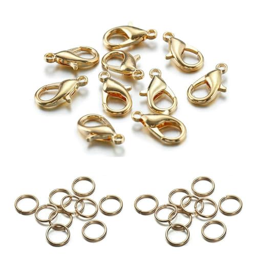 200-teiliges Ring- und 100-teiliges Verschluss-Set mit Karabinerverschluss, offene Biegeringe für Armband- und Halskettenverbinder, Schmuckherstellung, DIY-Set, Großhandel, KC Gold, 12 mm Verschluss von VIEPGJ