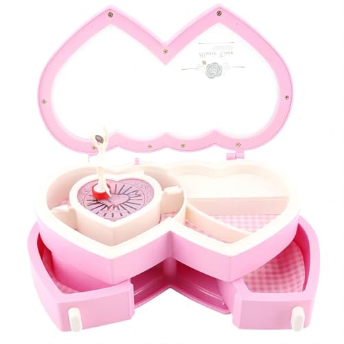 VIFERR Doppelte Herz Spieluhr Schmuckkästchen Musikbox Ballerina Schmuckschatulle für Kleine Mädchen, Geschenk (Rosa) von VIFERR