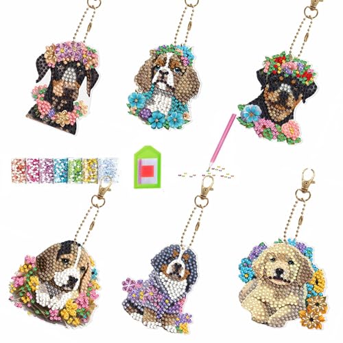 VIGTNG Diamond Painting Schlüsselanhänger, 5D DIY Doppelseitige Rhinestone Pasted Diamant Malerei Schlüsselbund, Für Jungen, Mädchen, Weihnachten (Hund) von VIGTNG