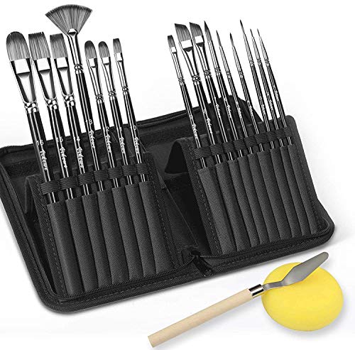 VIKEWE 16Pcs Künstler Pinsel Set mit Pop-Up Tragetasche mit freiem Palettenmesser und Schwämmen für Acryl, Öl, Aquarell, kreative Körperfarbe und Gouache Malerei (schwarz) von VIKEWE