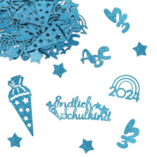 100 Stk Glitzer Schulkind Konfetti Blau, Schulkind 2024 Streudeko Einschulung Tischdeko, Schulanfang Deko Einschulung Junge Mädchen, Schuleinführung Zuckertüten Confetti für Tischdeko Einschulung von VIKY