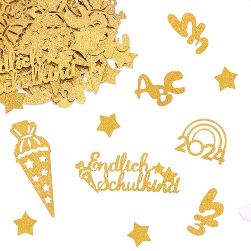 100 Stk Glitzer Schulkind Konfetti Gold, Schulkind 2024 Streudeko Einschulung Tischdeko, Schulanfang Deko Einschulung Junge Mädchen, Schuleinführung Zuckertüten Confetti für Tischdeko Einschulung von VIKY