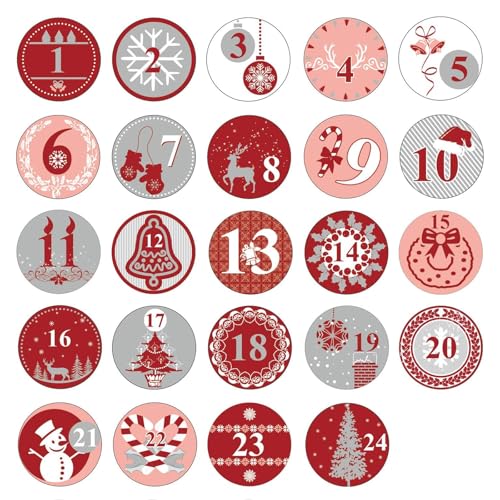 Adventskalender Zahlen Aufkleber (Zahlen 1-24), 2 Blatt Advent Kalender Aufkleb, Adventskalenderzahlen Etiketten Selbstklebend, Zahlen Sticker für Weihnachten Adventskalender, DIY Nummern Papiertüten von VIKY