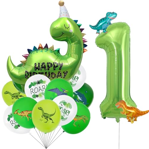 VIKY Dino Luftballon 1. Geburtstag Junge Deko, Dino Geburtstagsdeko 1 Jahr Junge Mädchen, Dinosaurier Ballon 1 Geburtstag Deko, Dschungel Deko Kindergeburtstag Luftballons mit Zahlenballon 1 von VIKY