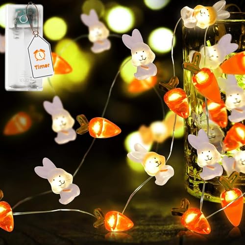 Lichterkette Ostern Batterie mit Timer, 2M 20 LED Lichterkette Batterie Hase Karotte Ostern Deko, Warmweiß Osterdeko Lichterkette Außen Innen, Lichterkette LED für Tischdeko Osterkörbchen Ostern Party von VIKY