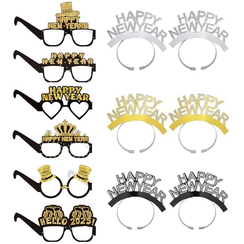 Partybrille Silvester Deko 2025,12 Stück Happy New Year Brille Haarreif,2025 Silvester Party Dekoration Accessoires,Neujahrsdeko Silvesterpartydeko,Happy New Year Stirnband Brillen für Foto Requisiten von VIKY