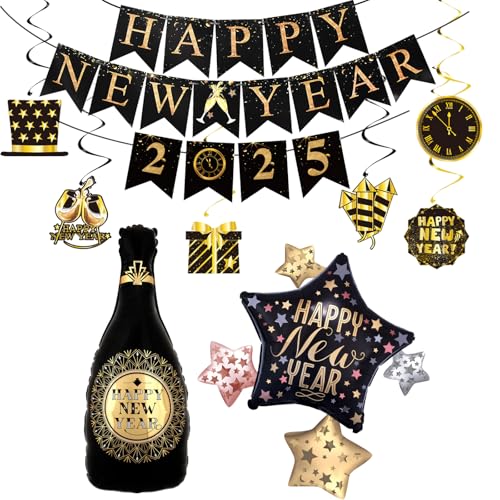 Silvester Deko 2025 XXL Dekoration Set, Happy New Year Girlande, Folienballon Silvester Dekoration,Silvester Party Luftballon Schwarz Gold,Helium Ballon für Neujahrsdeko Silvesterpartydeko Accessoire von VIKY