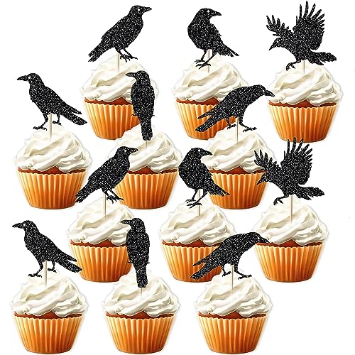 VIKY® 12 Stück Halloween Cupcake Toppers Set,Krähen Cupcake Topper,Halloween Party Kuchen Deko,Halloween Tortendeko Muffin Dessert Deko,Halloween Cupcake Dekoration,Halloween Deko Motto Partyzubehör von VIKY