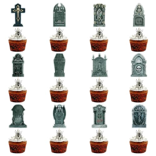 VIKY® 24 Stück Halloween Cupcake Toppers, Halloween Tortendeko Grabsteine Horror Deko, Halloween Kuchen Deko Grabstein Cake Toppers, Halloween Muffins Deko Grabsteinmuster für Halloween Party von VIKY