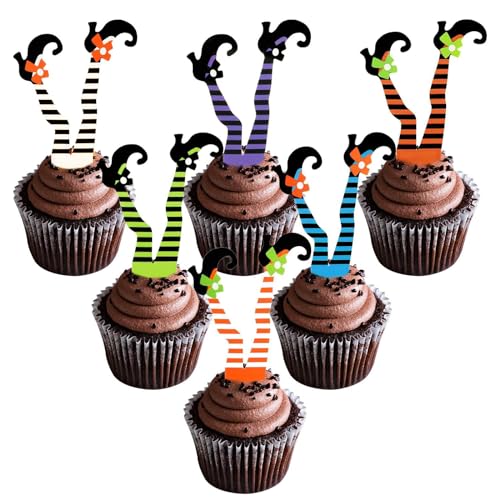 VIKY® 24 Stück Halloween Cupcake Toppers Set, Halloween Hexen Beine Kuchen Deko, Halloween Party Cupcake Deko, Halloween Tortendeko Muffins Deko Set, Halloween Motto Partyzubehör für Halloween Deko von VIKY