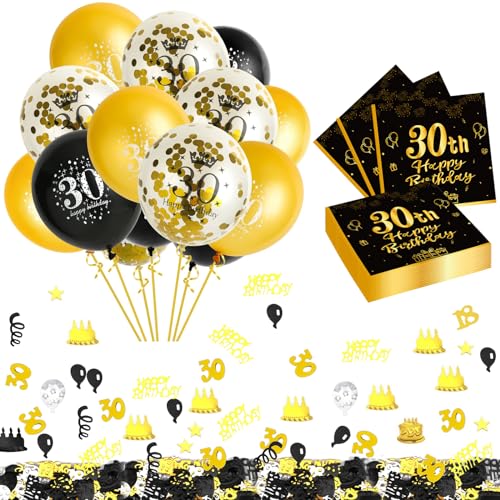 VIKY® 30 Geburtstag Deko Schwarz Gold, Deko 30 Geburtstag Mann Frauen, 30. Geburtstag Party Decoration Set mit Servietten 30 Geburtstag, Luftballons 30 Geburtstag, Konfetti 30. Geburtstag Deko Tisch von VIKY