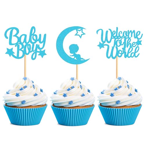 VIKY® Baby Shower Deko Boy, 24 Stück Babyparty Tortendeko Taufe Junge, Oh Baby Cupcake Topper, Baby Shower Tortendeko Gender Reveal Party Deko, Muffin Deko Blau für Taufe Deko, Baby Shower, Babyparty von VIKY