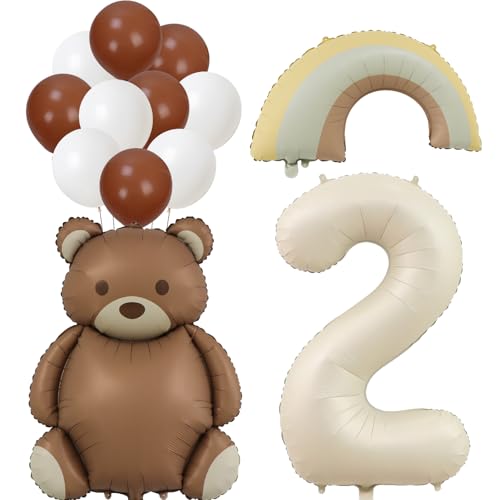 VIKY® Bär Geburtstagsdeko 2 Jahre Junge, Bär Luftballon Deko 2. Geburtstag Junge Mädchen, Bären Deko 2 Geburtstag Luftballons, 2. Geburtstag Deko Set mit Bär Folienballon und Zahlen 2 Helium Ballon von VIKY