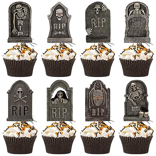 VIKY® Halloween Cupcake Topper, 8 Stück Halloween Kuchen Deko Grabstein Cupcake Toppers, Halloween Tortendeko Grabsteine Horror Deko, Halloween Muffins Deko Grabsteinmuster für Halloween Party von VIKY