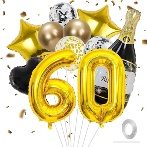 VIKY® Deko 60 Geburtstag Männer Frau,60 Geburtstag Deko Schwarz Gold,Geburtstagsdeko 60. Geburtstag Frauen Deko Ballons,60er Geburtstag Mann Deko Set mit Folienballon Zahl 60 und Konfetti Luftballon von VIKY