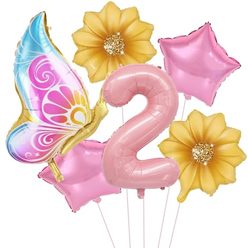 VIKY® Schmetterlinge Deko 2 Geburtstag Mädchen, Folienballon Schmetterling Deko Luftballon 2. Geburtstag Mädchen, Schmetterling Folienballon 2 für Kindergeburtstag Deko, Geburtstagsdeko 2 Jahre von VIKY