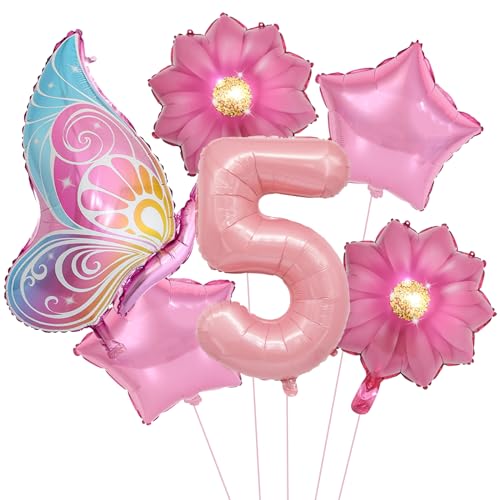 VIKY® Schmetterlinge Deko 5 Geburtstag Mädchen, Folienballon Schmetterling Deko Luftballon 5. Geburtstag Mädchen, Geburtstagsdeko 5 Jahre, Schmetterling Folienballon 5 für Kindergeburtstag Deko von VIKY