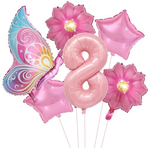 VIKY® Schmetterlinge Deko 8 Geburtstag Mädchen, Folienballon Schmetterling Deko Luftballon 8. Geburtstag Mädchen, Geburtstagsdeko 8 Jahre, Schmetterling Folienballon 8 für Deko Kindergeburtstag von VIKY