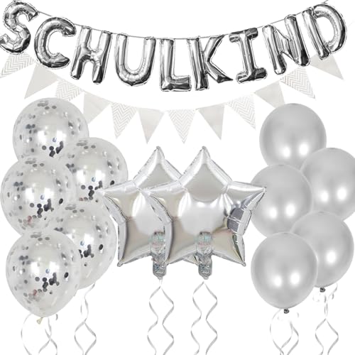 VIKY® Schulanfang Deko Einschulung Junge Mädchen, 14 Stück Einschulung Deko Set, Schulkind Deko Silber 2024, Deko Schulanfang mit Wimpelkette, Stern Einschulung Folienballon,Konfetti Luftballons von VIKY