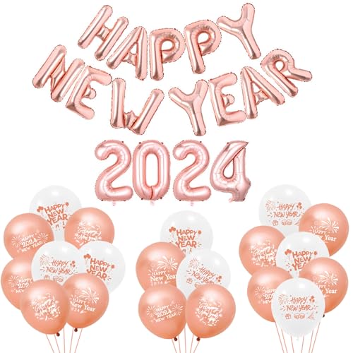 VIKY® Silvester Deko 2024 Luftballon Rose Gold,22 Stück Happy New Year Deko Ballon,Neujahr Deko Luftballons,Silvesterpartydeko Folienballon Dekoration,2024 Neues Jahr Deko,Silvester Party Deko Zubehör von VIKY