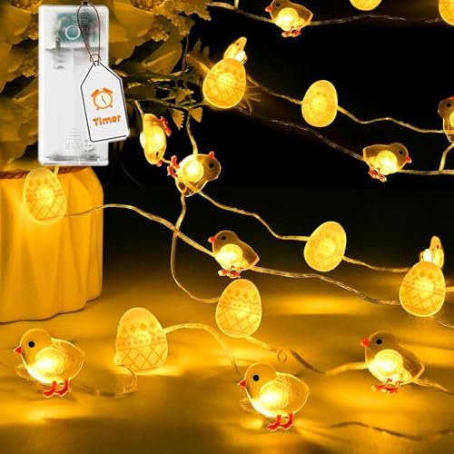 VIKY Lichterkette Ostern Batterie mit Timer, 2M 20 LED Lichterkette Batterie Küken Ei Ostern Deko, Warmweiß Osterdeko Lichterkette Außen Innen,Lichterkette LED für Tischdeko Osterkörbchen Ostern Party von VIKY