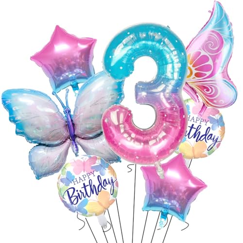 VIKY® Schmetterlinge Deko 3 Geburtstag Mädchen, Schmetterling Deko Luftballon 3. Jahre Mädchen, Schmetterling Luftballon Geburtstagsdeko 3 Jahre, Schmetterling Folienballon 3 für Kindergeburtstag Deko von VIKY