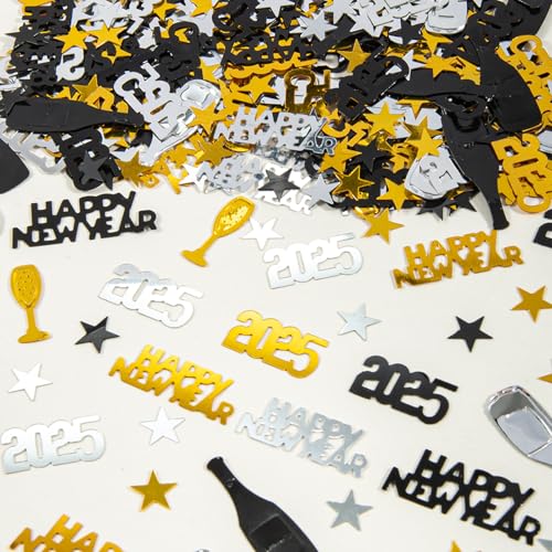 VIKY® Konfetti Streudeko Silvester Deko 2025, Silvester Tischdeko Schwarz Gold, Silvester Tischdeko 2025, Neujahr Deko Confetti, Happy New Year Deko, Neujahrsdeko Luftschlangen für Karneval Party von VIKY