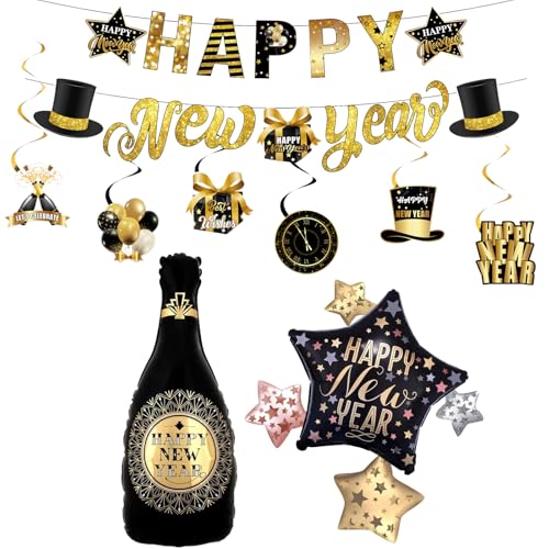 VIKY Silvester Deko 2025 XXL Dekoration Set,Happy New Year Deko mit Neujahr Deko Girlande und Silvester Party Luftballon, Silvesterdeko Folienballon für 2025 Neujahrsdeko Silvesterpartydeko Accessoire von VIKY