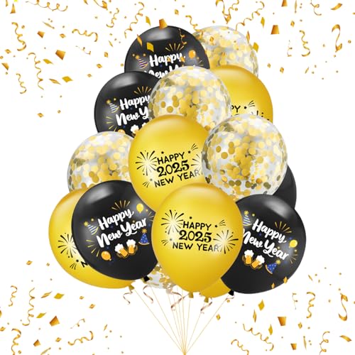 15 Stück Silvester-Dekorationen 2025, Happy Year Party Dekoration Luftballons, Gold Schwarz Pailletten Jahr Supplies Ballon-Banner, Latex-Ballon-Set, Neujahrsparty-Dekoration, für Innen- und von VILITI