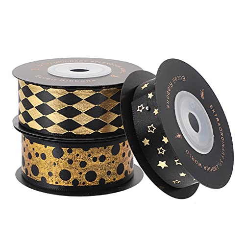 VILLCASE 1 Satz Schwarzes Gold-verpackungs Band Haar Tapes Haar Schleife Geschenkband Weihnachtsband Geschenkpapier Band Zum Geburtstag Verpackungsband Präsentieren Polyester Black 3 Rollen von VILLCASE