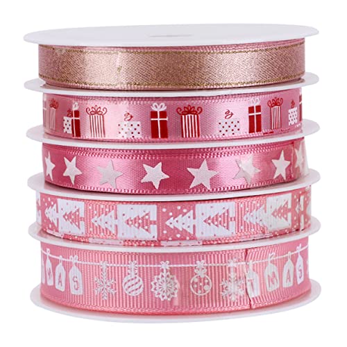 VILLCASE 5 Rollen Ornamentband weihnachtsdeko geschenkband weihnachtdeko Dekorationsband geschenksband Weihnachtsbänder rotes Band Weihnachtshandwerk Dekorband Weihnachtsband Stoff Rosa von VILLCASE