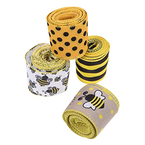 VILLCASE DIY Liefert 4 Rollen Bienen-Gurtband Blumen-Geschenkband Satinband Polyesterband Spitzenband Girlande Blumenband Dekoband Box-Geschenkband Polyesterbänder Geschenkkranz von VILLCASE