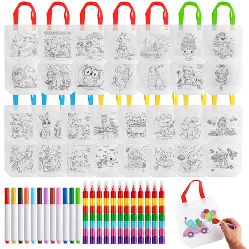 VINEST 15 Stück Stoffbeutel zum Bemalen Set, Mitgebsel Kindergeburtstag Gastgeschenke, mit 12 Wachsmalstifte und 12 Aquarellstift, Kleine Geschenke für Kinder für Bastelarbeiten, Verschenken Kinder von VINEST