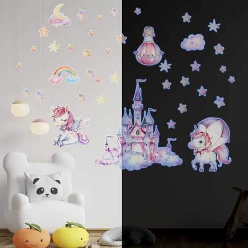 VINEST Einhorn Leuchtsterne Kinderzimmer Deko, Wandtattoo Kinderzimmer Mädchen, Blau Leuchtsterne Selbstklebend Wandsticker, Regenbogen Wandaufkleber Kinderzimmer Fluoreszierend für Babyzimmer von VINEST