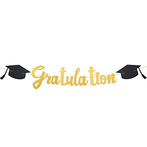 VINFUTUR Gratulation Banner Girlande Prüfung Bestanden Hängende Deko mit Graduation Hut Gold Graduierung Wimpelkette Bunt Flag Abschlussfeier Graduation Party Deko von VINFUTUR