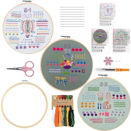 Stickerei Set Für Anfänger,3 Sets Stickerei Kit für Erwachsene, Lernen 33 Verschiedene Stiche DIY-Kits, Enthält Gestempelt Blume Muster, Bambus Reifen, Farbfäden, Werkzeuge, Anleitung von VINTAGE EMBROIDERY V.E.