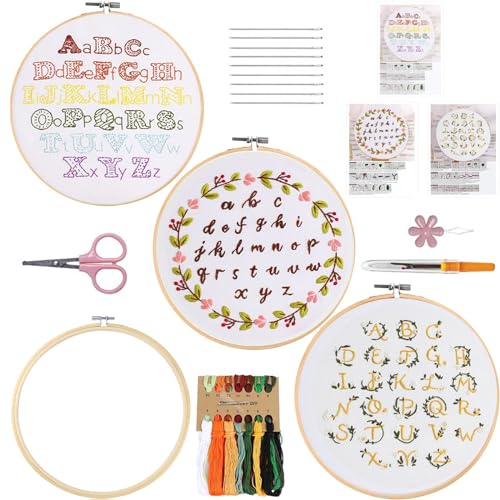 Stickset für Anfänger, 3 Sets Stickerei-Starter-Sets für Liebhaber, Buchstaben, Alphabet, Kreuzstich-Kits, Bambus-Stickrahmen, Farbfäden und Werkzeug-Anleitung für Heimdekoration von VINTAGE EMBROIDERY V.E.