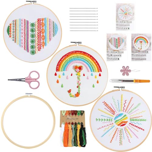 Stickerei Kit für Anfänger, 3 Sets Embroide ry Starter Kits für Liebhaber Rainbow Patterns Cross Stitch Kits, Bambus-Stickerei Hoops, Farbe Threads und Werkzeug Anweisungen für Home Decor von VINTAGE EMBROIDERY V.E.