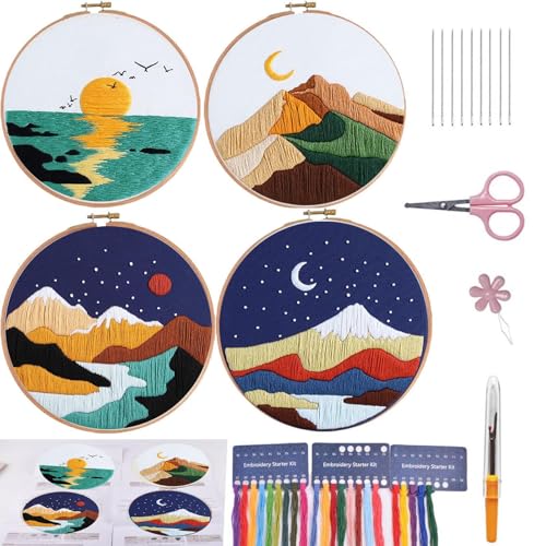 Stickset für Anfänger, 4 Sets Landschaftsstickerei-Starter-Sets mit Mustern und Anleitung (evtl. nicht in deutscher Sprache), Kreuzstich-Kits, Stickkleidung mit Muster, Bambusreifen, Fäden und Nadeln von VINTAGE EMBROIDERY V.E.